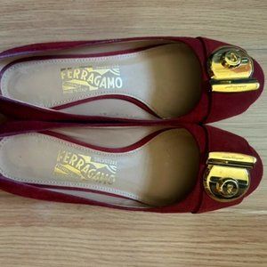 Salvatore Ferragamo red suede block heel pumps